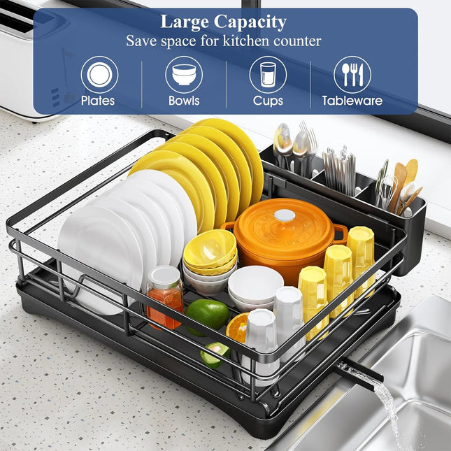 Large Rustproof Dish Drying Rack with Drainboard and Utensil Holder for Kitchen Counter Sink
