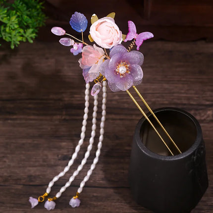Fairy Purple Flower Hair Stick Chinese Tang Costume Hair Accessories Fringe U-shaped Hairpin Vintage Cheongsam Hair Bun Jewelry