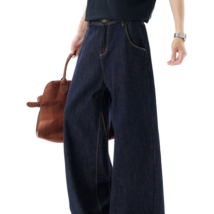 Men's Washed Vintage Blue Wideleg Jeans Spring Summer American Retro Denim Pants Loose Straight Trousers