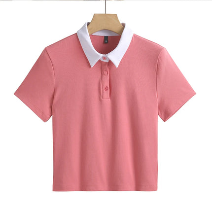 Summer New Cotton Polo Shirt Solid Color Polo Neck Short Sleeve High Waist Short Style Slim Fit Fashion Casual Women's Shirt