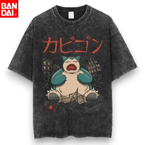 Pokemon Snorlax Kaiju Parody T Shirt Men 2026 Summer Vintage Acid Wash Oversized Tee Anime Streetwear Harajuku Loose Cotton
