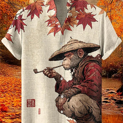 Men's short-sleeved shirt with samurai print and stylish ink painting design, summer casual men's top, trendy retro streetwear.