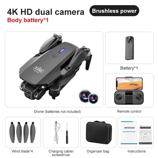 E88Plus Quadcopter Drone w/ 90° Adjustable Camera: Brushless, Optical Flow, RC Toy