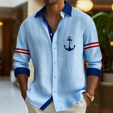 2026 Summer New Men's Long-Sleeve Shirt, Contrasting Collar with Anchor Print, Fashionable Casual Hawaiian Shirt, XS-6XL