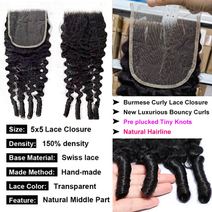 Megeen Burmese Curly 5x5 Transparent Lace Closure with Spriral Ends Free Part 12-20 Inch Hair Extensions for Black Women 15A