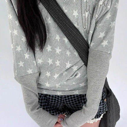 Harajuku Grunge Star Print Hoodie Women Casual Loose Angel Embroidery Hoody Y2k Aesthetic Batwing Sleeve Streetwear Sweatshirt