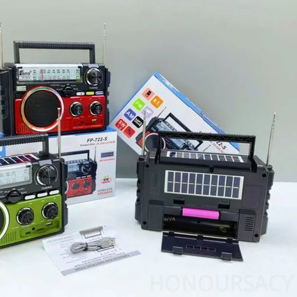 FP-722-S Dual Solar Charging AM/FM/SW1-2 4-band Radios HIFI Stereo Bluetooth Speaker Portable Mp3 Music Player Built in Speakers