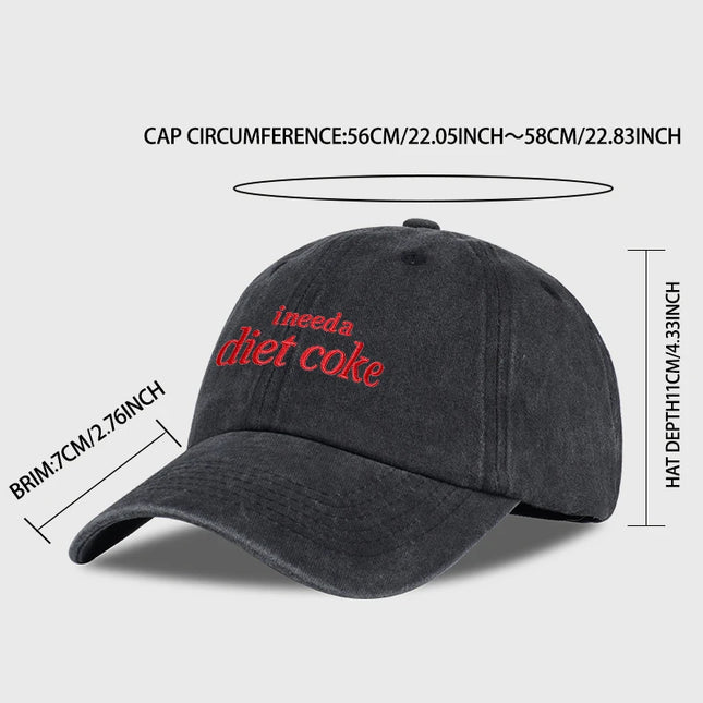 “I Need A Diet Coke” Embroidered Washed Baseball Cap – Adjustable Unisex Sun Hat, Perfect for Leisure, Sports, and Travel