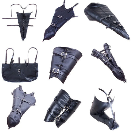 BDSM Bondage Leg/Arm Binder,Behind Back Straight Jacket,SM Leather Armbinder Restraint Slave Lockable Glove With Shoulder Straps