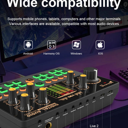 Gaming Audio Mixer,Streaming Mixer with Audio Interface BT Sound Board Voice Changer Sound Card,for PC Phone Live Streaming