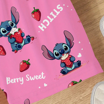 Flame Resistant Girls Pajamas Set Cute Stitch Strawberry Print Ruffle Short Sleeve Top Shorts Soft Breathable Sleepwear