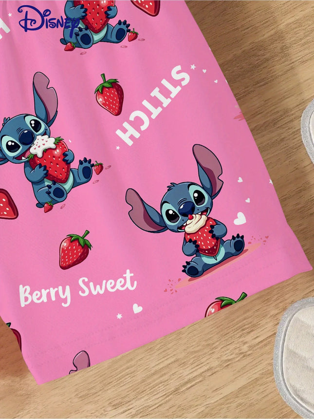 Girls' Flame-Resistant Pajama Set, Cute Stitch Strawberry Print Ruffle Short-Sleeve Top and Shorts, Soft Breathable Sleepwear