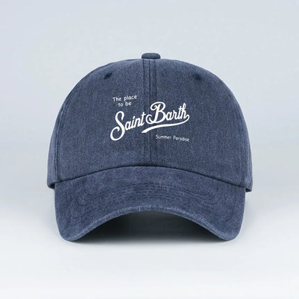 Saint Barth "The Place To Be" Print Washed Baseball Cap Adjustable Unisex Summer Vacation Sun Hat