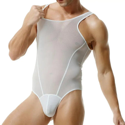 Men's Sexy Bodysuit Ultrathin Mesh Transparent Underwear U Convex Pouch Tights High Elastic Bikinis Lingerie Night Club Wear