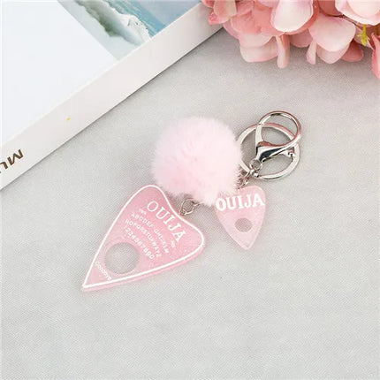 1PC Women Ouija Planchette Keychain Resin Pompom Charms Handbag  Keyring With Puffer Ball Punk Board Crafts