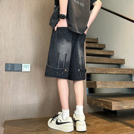 High Quality Men's Retro Button Fly Retro Denim Shorts Streetwear Vintage Washed Cotton Knee-Length Jean Youth Casual Denim Pant