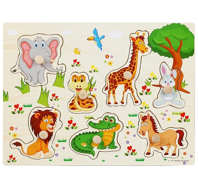 30cm Baby Toys Montessori Wooden Puzzle Hand Grab Board Educational Wood Puzzles for Kids Cartoon Animal Vehicle Child Gift
