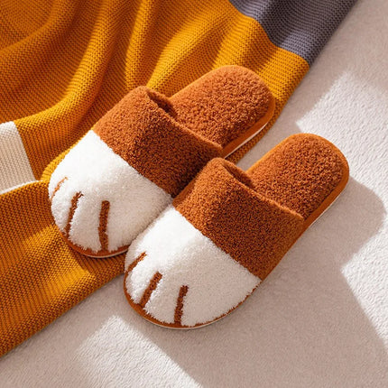 Evshine Winter Plush House Slippers For Women Cute Cat Paw Indoor Fur Shoes Soft Bottom Flat Cotton Slides Bedroom Plush Slipper