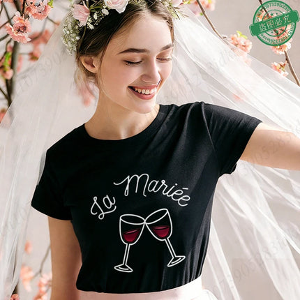 French Themed Bridal Party T Shirts Women Future Mariée Team De La Mariée Tee Short Sleeve Wine Glass Tops for EVJF Bachelorette
