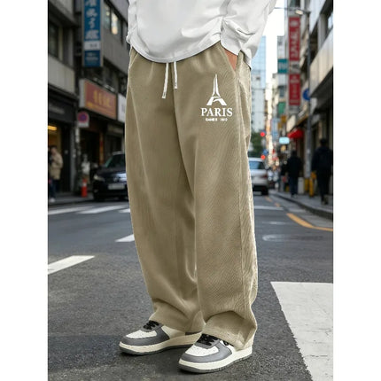 Mens Corduroy Wide Leg Trousers Elastic Drawstring Waist Eiffel Tower Letter Print Loose Straight Casual Street Pants S-4XL