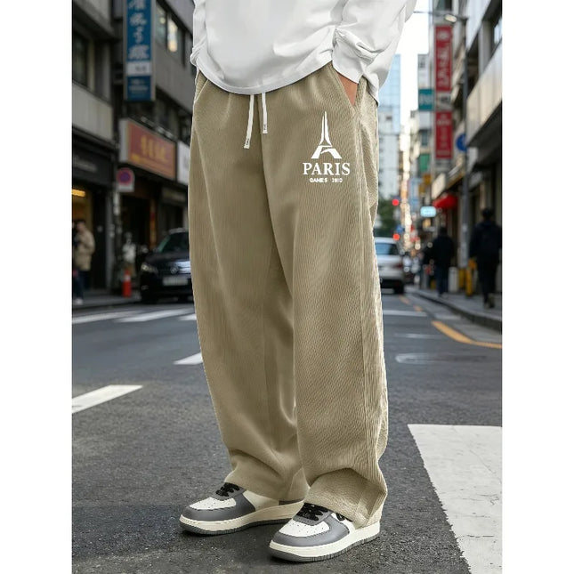 Mens Corduroy Wide Leg Trousers Elastic Drawstring Waist Eiffel Tower Letter Print Loose Straight Casual Street Pants S-4XL