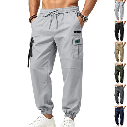 2026 New Men Streetwear Multi Pocket Decor Strap Cargo Joggers Elastic Waist Loose Ankle Lightweight Outdoor Casual Work Pants