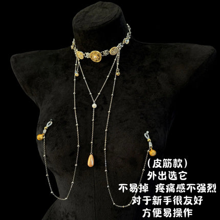 Body Chain Nipple Clamp Collar with Integrated Nipple Rings with Bells for Nipple Massage SM Stimulation Female Body Decoration