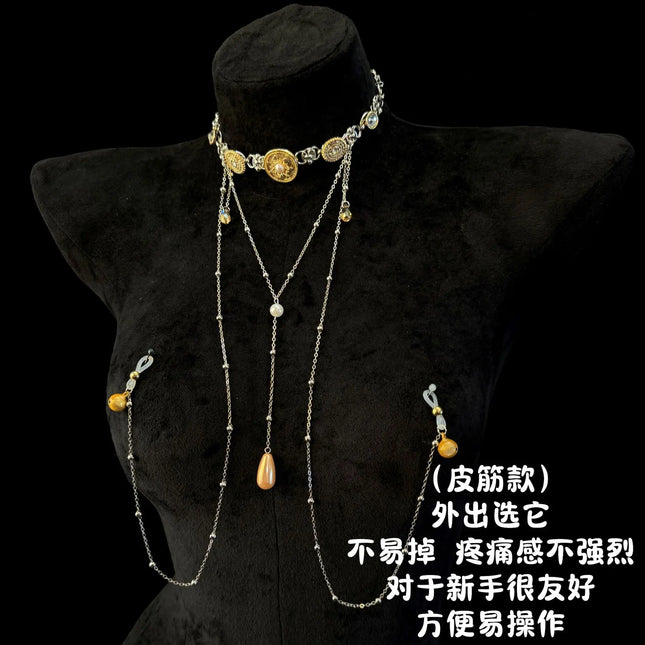 Body Chain Nipple Clamp Collar with Integrated Nipple Rings with Bells for Nipple Massage SM Stimulation Female Body Decoration