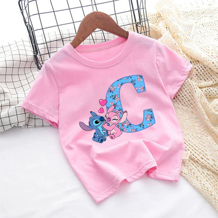 Stitch Disney T Shirt for Girls Children Clothes Tops Children's Clothing Letter A-Z Cotton Short Sleeve Summer Child Cute Gifts