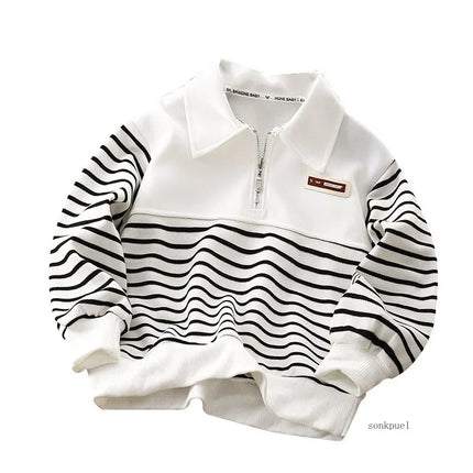 Children's Sweatshirt Spring Autumn Kids Boys' Half-zipper Sweatshirt Striped Lapel Middle and Big Children's Round Neck Tops