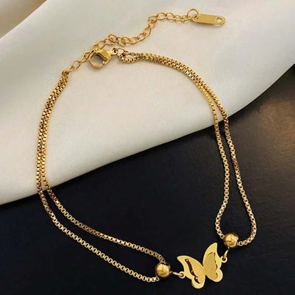 Stainless Steel Metal Double Layer Butterfly Anklet For Women Fashion Gold Color Adjustable Feet Chain Anklet Jewelry Gifts