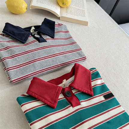 2026 Spring Children's Clothes Girls Long Sleeved T-shirts Toddler Boys Striped Tops Autumn 1-6Year Kids Polo Shirt