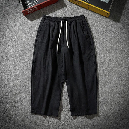 Summer Men's Casual Shorts Cotton Blended Long Elastic Waist Loose Pocket Drawstring 3/4 Length Shorts Daily Street Wear