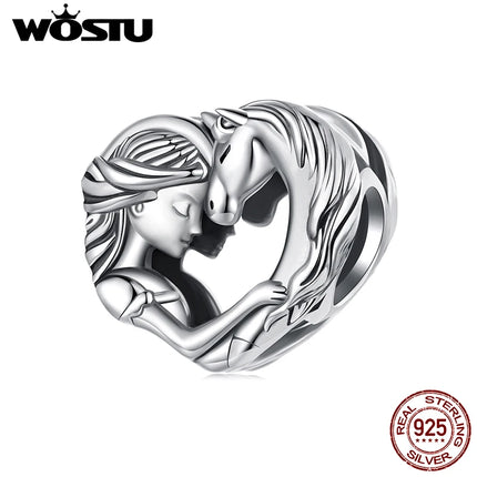WOSTU Solid 925 Sterling Silver Lovely Girl & Horse Charm Heart Guardian Pendant Fit DIY Bracelet Necklace Heart Jewelry Series