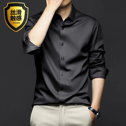 6XL Mens dress black shirts long-sleeved Office Wear Oversize wrinkle-proof non-ironed solid color business casual ice silk