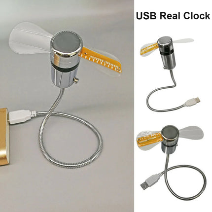Clock Fans USB Powered Small Night Light Real Time Display Hand Mini USB Fan Flexible Gooseneck LED Clock for Laptop PC Notebook