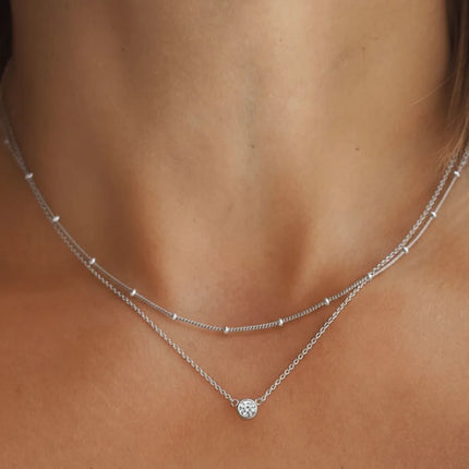 Stainless Steel Zirconia-Inlaid Pendant Double-Layer Necklace Ladies' Refined Luxury Elegant Layered Beaded Necklace Jewelry