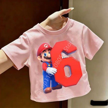 2026 New Super Mario Bros Children's Pure T-shirts Anime Birthday Numbers 1-9, Cute Anime Children's Casual T-shirts