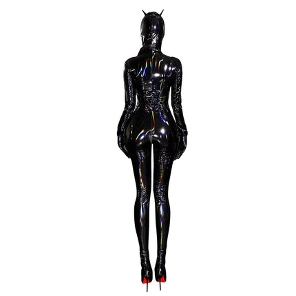 Adult Cat Girl Cosplay Costume Women Sexy Shiny Leather PU Zipper Open Crotch Bodysuit Tights One-piece Unitard Leotard Jumpsuit