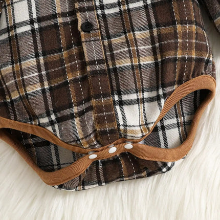 Outdoor Casual Set For Male Infants In Autumn And Winter Featuring Long-Sleeved Plaid Shirts And Long Pants Jumpsuits