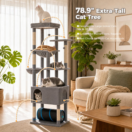 Tall Cat Tree with Large Condo Sisal Scratching Posts Oversized Perch Spacious Hammocks Multi-Level Cat Tower with Cat Tunnel Large Cat Furniture for Indoor Big Cats