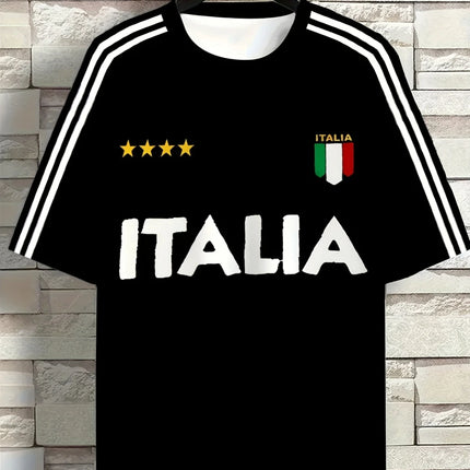 Men's Crew Neck T-shirt With "ITALIA" Print Soft And Breathable Suitable For Outdoor Sports Casual Wear And Holiday Celebrations