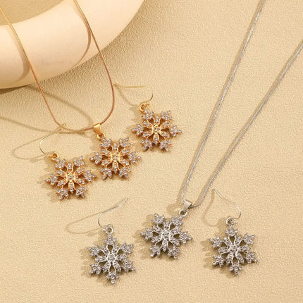 2-Piece Set of Fashion Diamond Studded Snowflake Pendant Earrings, Elegant Women's Christmas Trendy Snowflake Pendant Necklace