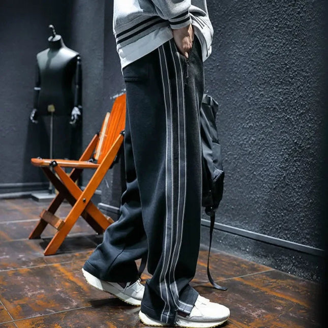 Trousers Straight Men's Sweatpants Autumn and Winter Male Sports Pants Striped Cotton Elastic Wide Baggy Tracksuit Bottoms Retro