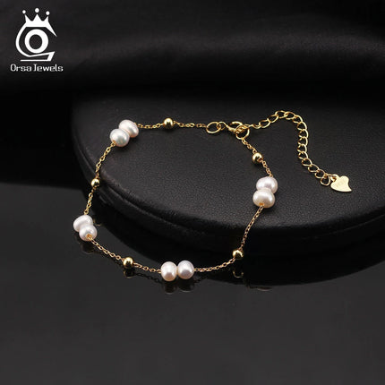 ORSA JEWELS 925 Sterling Silver Pearls Chain Bracelet Vinatge 14K Gold Pearl Beads Bracelet on Hand Female Party Jewelry GPB40