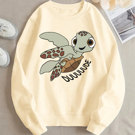 Cartoon Turtle Printed 2025 Autumn Winter Women's Hoodie Round Neck Long Sleeved Casual Women's Soft Sweatshirt Clothing