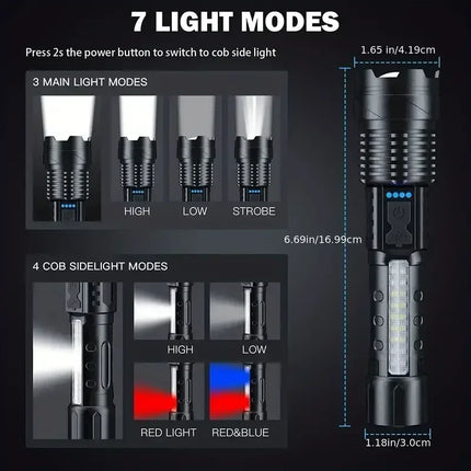 Powerful LED Flashlight Type C Rechargeable Waterproof Torch with Side Light 7 Modes Zoomable Lamp for Camping Fishing Lantern