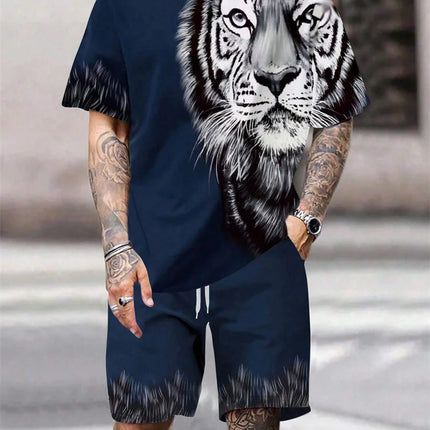 2024 New Crew Neck Short Sleeve T-shirt Fashion Shorts Set 3D Lion Print Short Sleeve Shorts 2-piece Men's Summer Sports Set
