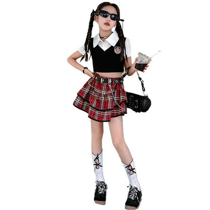 1pc 2026 new summer street American children set teenager Girls Clothes blouse shirt or checked JK pleated Skirt 4 8 10 12 Year