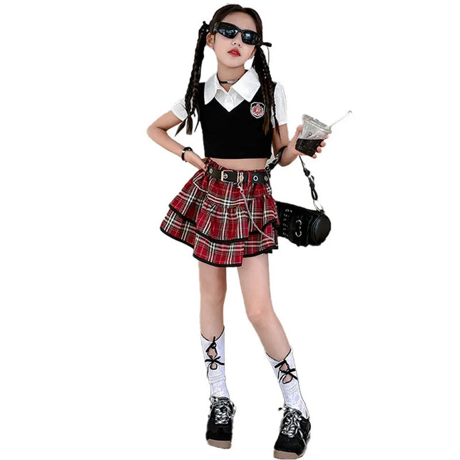1pc 2026 New Summer Street American Children's Set Teenager Girls Clothes Blouse Shirt or Checked JK Pleated Skirt 4 8 10 12 Year